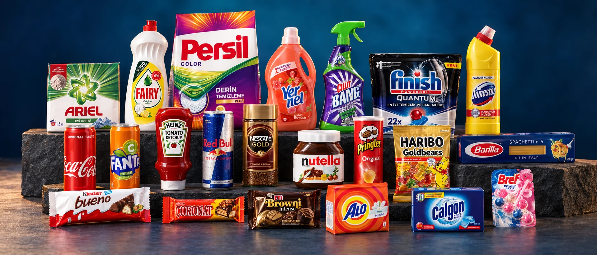 Illustrative studio scene with branded food, beverage and household products together