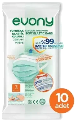 Evony Yumuşak Elastik Kulaklı Cerrahi Maske 10 Adet
