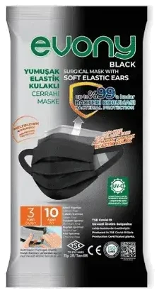 Evony Yumuşak Elastik Kulaklı Cerrahi Maske Black 10 Adet